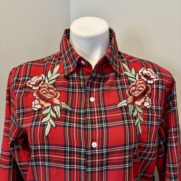 Kendall + Kylie Shirt Dress Small Red Plaid Embroidered Raw Hem Button Front - Picture 5 of 13